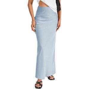 Women's Azure Elegant Satin Silky High Waist Zipper Flowy A Line Long Maxi Skirt